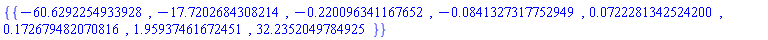 {{-60.6292254933928, -17.7202684308214, -.220096341167652, -0.841327317752949e-1, 0.722281342524200e-1, .172679482070816, 1.95937461672451, 32.2352049784925}}