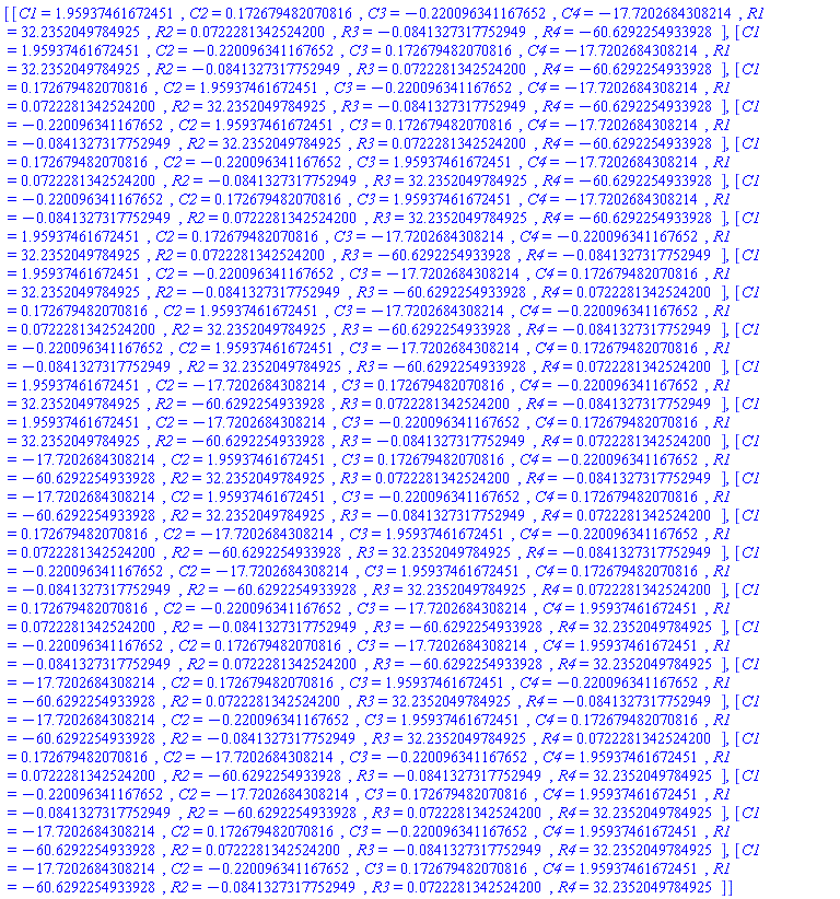 [[C1 = 1.95937461672451, C2 = .172679482070816, C3 = -.220096341167652, C4 = -17.7202684308214, R1 = 32.2352049784925, R2 = 0.722281342524200e-1, R3 = -0.841327317752949e-1, R4 = -60.6292254933928], [C1 = 1.95937461672451, C2 = -.220096341167652, C3 = .172679482070816, C4 = -17.7202684308214, R1 = 32.2352049784925, R2 = -0.841327317752949e-1, R3 = 0.722281342524200e-1, R4 = -60.6292254933928], [C1 = .172679482070816, C2 = 1.95937461672451, C3 = -.220096341167652, C4 = -17.7202684308214, R1 = 0.722281342524200e-1, R2 = 32.2352049784925, R3 = -0.841327317752949e-1, R4 = -60.6292254933928], [C1 = -.220096341167652, C2 = 1.95937461672451, C3 = .172679482070816, C4 = -17.7202684308214, R1 = -0.841327317752949e-1, R2 = 32.2352049784925, R3 = 0.722281342524200e-1, R4 = -60.6292254933928], [C1 = .172679482070816, C2 = -.220096341167652, C3 = 1.95937461672451, C4 = -17.7202684308214, R1 = 0.722281342524200e-1, R2 = -0.841327317752949e-1, R3 = 32.2352049784925, R4 = -60.6292254933928], [C1 = -.220096341167652, C2 = .172679482070816, C3 = 1.95937461672451, C4 = -17.7202684308214, R1 = -0.841327317752949e-1, R2 = 0.722281342524200e-1, R3 = 32.2352049784925, R4 = -60.6292254933928], [C1 = 1.95937461672451, C2 = .172679482070816, C3 = -17.7202684308214, C4 = -.220096341167652, R1 = 32.2352049784925, R2 = 0.722281342524200e-1, R3 = -60.6292254933928, R4 = -0.841327317752949e-1], [C1 = 1.95937461672451, C2 = -.220096341167652, C3 = -17.7202684308214, C4 = .172679482070816, R1 = 32.2352049784925, R2 = -0.841327317752949e-1, R3 = -60.6292254933928, R4 = 0.722281342524200e-1], [C1 = .172679482070816, C2 = 1.95937461672451, C3 = -17.7202684308214, C4 = -.220096341167652, R1 = 0.722281342524200e-1, R2 = 32.2352049784925, R3 = -60.6292254933928, R4 = -0.841327317752949e-1], [C1 = -.220096341167652, C2 = 1.95937461672451, C3 = -17.7202684308214, C4 = .172679482070816, R1 = -0.841327317752949e-1, R2 = 32.2352049784925, R3 = -60.6292254933928, R4 = 0.722281342524200e-1], [C1 = 1.95937461672451, C2 = -17.7202684308214, C3 = .172679482070816, C4 = -.220096341167652, R1 = 32.2352049784925, R2 = -60.6292254933928, R3 = 0.722281342524200e-1, R4 = -0.841327317752949e-1], [C1 = 1.95937461672451, C2 = -17.7202684308214, C3 = -.220096341167652, C4 = .172679482070816, R1 = 32.2352049784925, R2 = -60.6292254933928, R3 = -0.841327317752949e-1, R4 = 0.722281342524200e-1], [C1 = -17.7202684308214, C2 = 1.95937461672451, C3 = .172679482070816, C4 = -.220096341167652, R1 = -60.6292254933928, R2 = 32.2352049784925, R3 = 0.722281342524200e-1, R4 = -0.841327317752949e-1], [C1 = -17.7202684308214, C2 = 1.95937461672451, C3 = -.220096341167652, C4 = .172679482070816, R1 = -60.6292254933928, R2 = 32.2352049784925, R3 = -0.841327317752949e-1, R4 = 0.722281342524200e-1], [C1 = .172679482070816, C2 = -17.7202684308214, C3 = 1.95937461672451, C4 = -.220096341167652, R1 = 0.722281342524200e-1, R2 = -60.6292254933928, R3 = 32.2352049784925, R4 = -0.841327317752949e-1], [C1 = -.220096341167652, C2 = -17.7202684308214, C3 = 1.95937461672451, C4 = .172679482070816, R1 = -0.841327317752949e-1, R2 = -60.6292254933928, R3 = 32.2352049784925, R4 = 0.722281342524200e-1], [C1 = .172679482070816, C2 = -.220096341167652, C3 = -17.7202684308214, C4 = 1.95937461672451, R1 = 0.722281342524200e-1, R2 = -0.841327317752949e-1, R3 = -60.6292254933928, R4 = 32.2352049784925], [C1 = -.220096341167652, C2 = .172679482070816, C3 = -17.7202684308214, C4 = 1.95937461672451, R1 = -0.841327317752949e-1, R2 = 0.722281342524200e-1, R3 = -60.6292254933928, R4 = 32.2352049784925], [C1 = -17.7202684308214, C2 = .172679482070816, C3 = 1.95937461672451, C4 = -.220096341167652, R1 = -60.6292254933928, R2 = 0.722281342524200e-1, R3 = 32.2352049784925, R4 = -0.841327317752949e-1], [C1 = -17.7202684308214, C2 = -.220096341167652, C3 = 1.95937461672451, C4 = .172679482070816, R1 = -60.6292254933928, R2 = -0.841327317752949e-1, R3 = 32.2352049784925, R4 = 0.722281342524200e-1], [C1 = .172679482070816, C2 = -17.7202684308214, C3 = -.220096341167652, C4 = 1.95937461672451, R1 = 0.722281342524200e-1, R2 = -60.6292254933928, R3 = -0.841327317752949e-1, R4 = 32.2352049784925], [C1 = -.220096341167652, C2 = -17.7202684308214, C3 = .172679482070816, C4 = 1.95937461672451, R1 = -0.841327317752949e-1, R2 = -60.6292254933928, R3 = 0.722281342524200e-1, R4 = 32.2352049784925], [C1 = -17.7202684308214, C2 = .172679482070816, C3 = -.220096341167652, C4 = 1.95937461672451, R1 = -60.6292254933928, R2 = 0.722281342524200e-1, R3 = -0.841327317752949e-1, R4 = 32.2352049784925], [C1 = -17.7202684308214, C2 = -.220096341167652, C3 = .172679482070816, C4 = 1.95937461672451, R1 = -60.6292254933928, R2 = -0.841327317752949e-1, R3 = 0.722281342524200e-1, R4 = 32.2352049784925]]