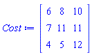 Matrix(3, 3, {(1, 1) = 6, (1, 2) = 8, (1, 3) = 10, (2, 1) = 7, (2, 2) = 11, (2, 3) = 11, (3, 1) = 4, (3, 2) = 5, (3, 3) = 12})