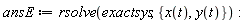 ansE := rsolve(exactsys, {x(t), y(t)}):