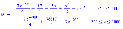 N := piecewise(0 <= x and x <= 200, 7*exp(-2*x)*(1/4)+17/4-3*x*(1/2)+(1/2)*x^2-5*exp(-x), 200 <= x and x <= 1000, 7*exp(-400)*(1/4)+78817/4-5*exp(-200))