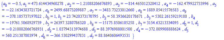{a[0] = -.5, a[1] = 473.614434960278, a[2] = -1.21088206676893, a[3] = -814.465012328412, a[4] = -162.479922733996, a[5] = -22.1634383721724, a[6] = 2499.68873209887, a[7] = -3483.73233012660, a[8] = 1889.85415576583, a[9] = -378.105737197022, b[0] = 1, b[1] = 23.7420373170795, b[2] = 58.3936620178671, b[3] = 5302.26159219180, b[4] = -19761.5068929739, b[5] = 26397.3280786320, b[6] = -15175.8506105258, b[7] = 3154.63213334095, d[0] = 1, d[1] = -.210882066768931, d[2] = 1.03794313974688, d[3] = 88.3976988001500, d[4] = -372.809908888624, d[5] = 560.251387803974, d[6] = -366.530299437831, d[7] = 88.8640606493531}