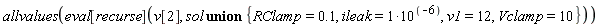 allvalues(eval[recurse](v[2], `union`(sol, {RClamp = .1, Vclamp = 10, ileak = 10^(-6), v1 = 12})))