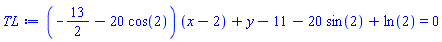 (-13/2-20*cos(2))*(x-2)+y-11-20*sin(2)+ln(2) = 0