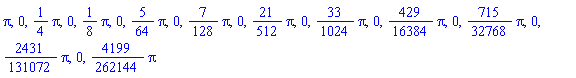 Pi, 0, (1/4)*Pi, 0, (1/8)*Pi, 0, (5/64)*Pi, 0, (7/128)*Pi, 0, (21/512)*Pi, 0, (33/1024)*Pi, 0, (429/16384)*Pi, 0, (715/32768)*Pi, 0, (2431/131072)*Pi, 0, (4199/262144)*Pi