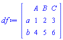 DataFrame(Matrix(2, 3, {(1, 1) = 1, (1, 2) = 2, (1, 3) = 3, (2, 1) = 4, (2, 2) = 5, (2, 3) = 6}), rows = [a, b], columns = [A, B, C])