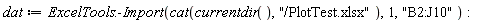 dat := ExcelTools:-Import(cat(currentdir(), "/PlotTest.xlsx"), 1, "B2:J10"):