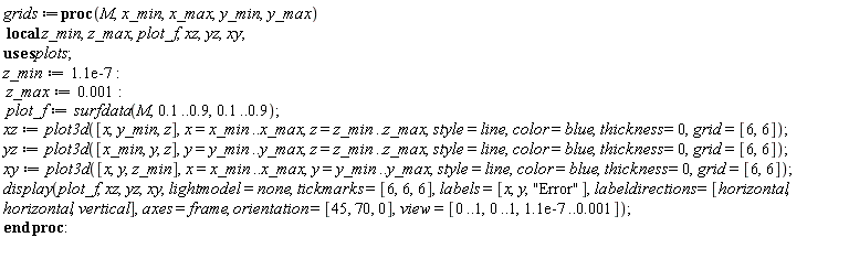 grids := proc (M, x_min, x_max, y_min, y_max) local z_min, z_max, plot_f, xz, yz, xy; z_min := 0.11e-6; z_max := 0.1e-2; plot_f := plots:-surfdata(M, .1 .. .9, .1 .. .9); xz := plot3d([x, y_min, z], x = x_min .. x_max, z = z_min .. z_max, style = line, color = blue, thickness = 0, grid = [6, 6]); yz := plot3d([x_min, y, z], y = y_min .. y_max, z = z_min .. z_max, style = line, color = blue, thickness = 0, grid = [6, 6]); xy := plot3d([x, y, z_min], x = x_min .. x_max, y = y_min .. y_max, style = line, color = blue, thickness = 0, grid = [6, 6]); plots:-display(plot_f, xz, yz, xy, lightmodel = none, tickmarks = [6, 6, 6], labels = [x, y, "Error"], labeldirections = [horizontal, horizontal, vertical], axes = frame, orientation = [45, 70, 0], view = [0 .. 1, 0 .. 1, 0.11e-6 .. 0.1e-2]) end proc: