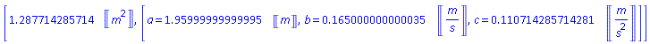 [1.287714285714*Units:-Unit(m^2), [a = HFloat(1.9599999999999476)*Units:-Unit(m), b = HFloat(0.16500000000003545)*Units:-Unit(m/s), c = HFloat(0.11071428571428099)*Units:-Unit(m/s^2)]]