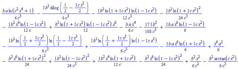 (1/6)*b*a*ln(c^2*x^4+1)/c^3-((1/6)*I)*b^2*dilog(1/2-((1/2)*I)*c*x^2)/c^3-((1/12)*I)*b^2*ln(1+I*c*x^2)*ln(1-I*c*x^2)/c^3-((1/24)*I)*b^2*ln(1+I*c*x^2)^2/c^3-((1/12)*I)*b^2*x^4*ln(1-I*c*x^2)/c+(1/12)*b^2*ln(1+I*c*x^2)*ln(1-I*c*x^2)*x^6-(1/6)*b*a*x^4/c-((17/108)*I)*b^2/c^3+((1/6)*I)*b*a*x^6*ln(1-I*c*x^2)-((1/6)*I)*b^2*ln(1/2+((1/2)*I)*c*x^2)*ln(1/2-((1/2)*I)*c*x^2)/c^3+((1/6)*I)*b^2*ln(1/2+((1/2)*I)*c*x^2)*ln(1-I*c*x^2)/c^3-((1/6)*I)*b*a*x^6*ln(1+I*c*x^2)+(1/6)*x^6*a^2-(1/24)*b^2*x^6*ln(1+I*c*x^2)^2+((1/24)*I)*b^2*ln(1-I*c*x^2)^2/c^3+((1/12)*I)*b^2*x^4*ln(1+I*c*x^2)/c-(1/24)*b^2*x^6*ln(1-I*c*x^2)^2+(1/6)*b^2*x^2/c^2-(1/6)*b^2*arctan(c*x^2)/c^3