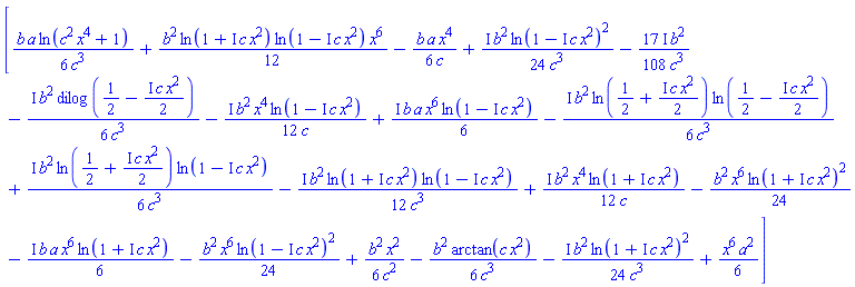[(1/6)*b*a*ln(c^2*x^4+1)/c^3+(1/12)*b^2*ln(1+I*c*x^2)*ln(1-I*c*x^2)*x^6-(1/6)*b*a*x^4/c+((1/24)*I)*b^2*ln(1-I*c*x^2)^2/c^3-((17/108)*I)*b^2/c^3-((1/6)*I)*b^2*dilog(1/2-((1/2)*I)*c*x^2)/c^3-((1/12)*I)*b^2*x^4*ln(1-I*c*x^2)/c+((1/6)*I)*b*a*x^6*ln(1-I*c*x^2)-((1/6)*I)*b^2*ln(1/2+((1/2)*I)*c*x^2)*ln(1/2-((1/2)*I)*c*x^2)/c^3+((1/6)*I)*b^2*ln(1/2+((1/2)*I)*c*x^2)*ln(1-I*c*x^2)/c^3-((1/12)*I)*b^2*ln(1+I*c*x^2)*ln(1-I*c*x^2)/c^3+((1/12)*I)*b^2*x^4*ln(1+I*c*x^2)/c-(1/24)*b^2*x^6*ln(1+I*c*x^2)^2-((1/6)*I)*b*a*x^6*ln(1+I*c*x^2)-(1/24)*b^2*x^6*ln(1-I*c*x^2)^2+(1/6)*b^2*x^2/c^2-(1/6)*b^2*arctan(c*x^2)/c^3-((1/24)*I)*b^2*ln(1+I*c*x^2)^2/c^3+(1/6)*x^6*a^2]