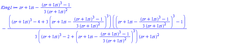zr+I*zi-(1/3)*((zr+I*zi)^3-1)/(zr+I*zi)^2-(1/3)*((zr+I*zi)^3-4+3*(zr+I*zi-(1/3)*((zr+I*zi)^3-1)/(zr+I*zi)^2)^3)*((zr+I*zi-(1/3)*((zr+I*zi)^3-1)/(zr+I*zi)^2)^3-1)/(((zr+I*zi)^3-2+(zr+I*zi-(1/3)*((zr+I*zi)^3-1)/(zr+I*zi)^2)^3)*(zr+I*zi)^2)