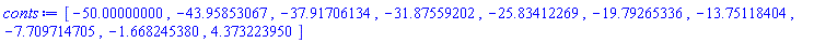 [-50.00000000, -43.95853067, -37.91706134, -31.87559202, -25.83412269, -19.79265336, -13.75118404, -7.709714705, -1.668245380, 4.373223950]