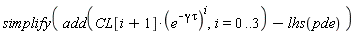 simplify(add(CL[i+1]*(e^(-gamma*tau))^i, i = 0 .. 3)-lhs(pde))