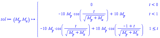 sol := proc (M__p, M__a) options operator, arrow; piecewise(t < 0, 0, t < 1, -10*M__p*cos(t/sqrt(M__p+M__a))+10*M__p, 1 <= t, -10*M__p*cos(t/sqrt(M__p+M__a))+10*M__p*cos((-1+t)/sqrt(M__p+M__a))) end proc