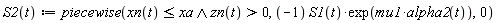 "S2(t):=piecewise(xn(t)<=xa and zn(t)>0, (-1) S1(t)*exp(mu1*alpha2(t)),0) "
