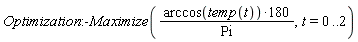 Optimization:-Maximize(180*arccos(temp(t))/Pi, t = 0 .. 2)