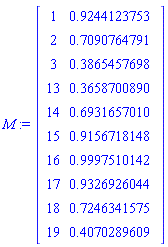 M := Matrix(10, 2, {(1, 1) = 1, (1, 2) = .9244123753, (2, 1) = 2, (2, 2) = .7090764791, (3, 1) = 3, (3, 2) = .3865457698, (4, 1) = 13, (4, 2) = .3658700890, (5, 1) = 14, (5, 2) = .6931657010, (6, 1) = 15, (6, 2) = .9156718148, (7, 1) = 16, (7, 2) = .9997510142, (8, 1) = 17, (8, 2) = .9326926044, (9, 1) = 18, (9, 2) = .7246341575, (10, 1) = 19, (10, 2) = .4070289609})