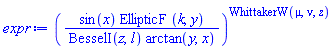 (sin(x)*EllipticF(k, y)/(BesselI(z, l)*arctan(y, x)))^WhittakerW(mu, nu, z)