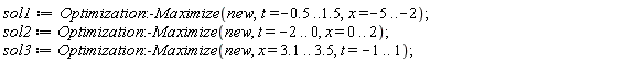 sol1 := Optimization:-Maximize(new, t = -.5 .. 1.5, x = -5 .. -2);