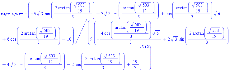 -(1/9)*(-6*3^(1/2)*sin((2/3)*arctan((1/19)*503^(1/2)))+3*2^(1/2)*sin((1/3)*arctan((1/19)*503^(1/2)))+cos((1/3)*arctan((1/19)*503^(1/2)))*6^(1/2)+6*cos((2/3)*arctan((1/19)*503^(1/2)))-10)/(-(4/3)*cos((1/3)*arctan((1/19)*503^(1/2)))*6^(1/2)+2*3^(1/2)*sin((2/3)*arctan((1/19)*503^(1/2)))-4*2^(1/2)*sin((1/3)*arctan((1/19)*503^(1/2)))-2*cos((2/3)*arctan((1/19)*503^(1/2)))+19/3)^(3/2)