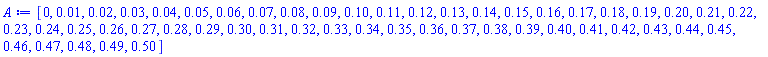 A := Array(1..51, {(1) = 0, (2) = 0.1e-1, (3) = 0.2e-1, (4) = 0.3e-1, (5) = 0.4e-1, (6) = 0.5e-1, (7) = 0.6e-1, (8) = 0.7e-1, (9) = 0.8e-1, (10) = 0.9e-1, (11) = .10, (12) = .11, (13) = .12, (14) = .13, (15) = .14, (16) = .15, (17) = .16, (18) = .17, (19) = .18, (20) = .19, (21) = .20, (22) = .21, (23) = .22, (24) = .23, (25) = .24, (26) = .25, (27) = .26, (28) = .27, (29) = .28, (30) = .29, (31) = .30, (32) = .31, (33) = .32, (34) = .33, (35) = .34, (36) = .35, (37) = .36, (38) = .37, (39) = .38, (40) = .39, (41) = .40, (42) = .41, (43) = .42, (44) = .43, (45) = .44, (46) = .45, (47) = .46, (48) = .47, (49) = .48, (50) = .49, (51) = .50})