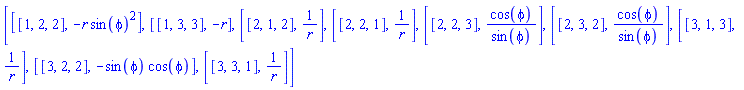 [[[1, 2, 2], -r*sin(phi)^2], [[1, 3, 3], -r], [[2, 1, 2], 1/r], [[2, 2, 1], 1/r], [[2, 2, 3], cos(phi)/sin(phi)], [[2, 3, 2], cos(phi)/sin(phi)], [[3, 1, 3], 1/r], [[3, 2, 2], -sin(phi)*cos(phi)], [[3, 3, 1], 1/r]]