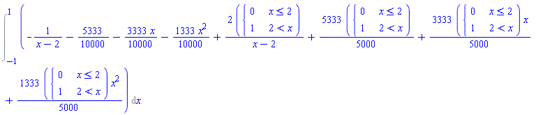 Int(-1/(x-2)-5333/10000-(3333/10000)*x-(1333/10000)*x^2+2*piecewise(x <= 2, 0, 2 < x, 1)/(x-2)+(5333/5000)*piecewise(x <= 2, 0, 2 < x, 1)+(3333/5000)*piecewise(x <= 2, 0, 2 < x, 1)*x+(1333/5000)*piecewise(x <= 2, 0, 2 < x, 1)*x^2, x = -1 .. 1)