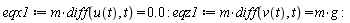 eqx1 := m*(diff(u(t), t)) = 0.; eqz1 := m*(diff(v(t), t)) = m*g