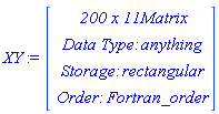 XY := Vector(4, {(1) = ` 200 x 11 `*Matrix, (2) = `Data Type: `*anything, (3) = `Storage: `*rectangular, (4) = `Order: `*Fortran_order})