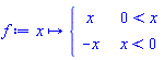 f := proc (x) options operator, arrow; piecewise(0 < x, x, x < 0, -x) end proc
