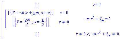 piecewise(r = 0, [], -m*r^2+`#msub(mi("I"),mi("cm"))` = 0, piecewise(r = 0, [{T = -a*m+g*m, a = a}], r <> 0, [{T = (1/2)*g*m, a = (1/2)*g}]), `and`(r <> 0, -m*r^2+`#msub(mi("I"),mi("cm"))` <> 0), [])