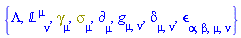 {Lambda, `&Lopf;`[`~mu`, nu], Physics:-Dgamma[mu], Physics:-Psigma[mu], Physics:-d_[mu], Physics:-g_[mu, nu], Physics:-KroneckerDelta[mu, nu], Physics:-LeviCivita[alpha, beta, mu, nu]}