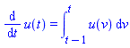 diff(u(t), t) = int(u(v), v = t-1 .. t)