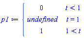 p1 := piecewise(t < 1, 0, t = 1, undefined, 1 < t, 1)