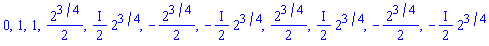 0, 1, 1, (1/2)*2^(3/4), ((1/2)*I)*2^(3/4), -(1/2)*2^(3/4), -((1/2)*I)*2^(3/4), (1/2)*2^(3/4), ((1/2)*I)*2^(3/4), -(1/2)*2^(3/4), -((1/2)*I)*2^(3/4)