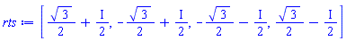 [(1/2)*3^(1/2)+(1/2)*I, -(1/2)*3^(1/2)+(1/2)*I, -(1/2)*3^(1/2)-(1/2)*I, (1/2)*3^(1/2)-(1/2)*I]