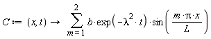 C := proc (x, t) options operator, arrow; sum(b*exp(-lambda^2*t)*sin(m*Pi*x/L), m = 1 .. 2) end proc