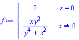 f := piecewise(x = 0, 0, x <> 0, x*y^2/(y^4+x^2))