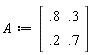 A := Matrix(2, 2, {(1, 1) = .8, (1, 2) = .3, (2, 1) = .2, (2, 2) = .7})