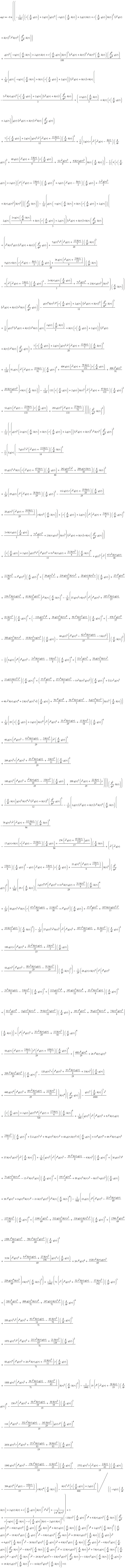 eq1 := -8*Pi*((-(1/180)*(r*(diff(q(r), r))+2*q(r))*q(r)^2*(-r*q(r)*(diff(h(r), r))+2*q(r)*h(r)+r*(diff(q(r), r))*h(r))^2*(r^2*q(r)+h(r))^2*r^2*h(r)^2*(diff(h(r), r, r, r, r))+(1/180)*q(r)^2*(-r*q(r)*(diff(h(r), r))+2*q(r)*h(r)+r*(diff(q(r), r))*h(r))^2*(r^2*q(r)+h(r))^2*r^3*h(r)^2*(diff(h(r), r))*(diff(q(r), r, r, r, r))+(1/30)*q(r)*(-r*q(r)*(diff(h(r), r))+h(r)*(r*(diff(q(r), r))+2*q(r)))*(r^2*q(r)+h(r))*r*h(r)*(-5*r^2*h(r)*q(r)^2*(r*(diff(q(r), r))+2*q(r))*(r^2*q(r)+h(r))*(diff(h(r), r, r))*(1/3)+(2*r*q(r)*(diff(h(r), r))*(1/3)+h(r)*(r*(diff(q(r), r))+2*q(r)))*q(r)*(r^2*q(r)+h(r))*r^2*h(r)*(diff(q(r), r, r))+(1/12)*(7*(r*(diff(q(r), r))+2*q(r)))*q(r)^2*r^2*(r^2*q(r)+13*h(r)*(1/7))*(diff(h(r), r))^2+3*q(r)*r*(r^2*(r^2*q(r)-(1/3)*h(r))*(diff(q(r), r))^2+68*q(r)*(r^2*q(r)+5*h(r)*(1/17))*r*(diff(q(r), r))*(1/9)+52*r^2*q(r)^3*(1/9)+4*h(r)*q(r)^2*(1/9))*h(r)*(diff(h(r), r))*(1/4)-(1/3)*(4*(r*(diff(q(r), r))+2*q(r)))*(r^2*(r^2*q(r)+5*h(r)*(1/8))*(diff(q(r), r))^2+r*q(r)*(r^2*q(r)-(1/2)*h(r))*(diff(q(r), r))+5*r^2*q(r)^3*(1/2)+h(r)*q(r)^2)*h(r)^2)*(diff(h(r), r, r, r))-(1/18)*q(r)*(-r*q(r)*(diff(h(r), r))+h(r)*(r*(diff(q(r), r))+2*q(r)))*(-2*q(r)*(3*r*q(r)*(diff(h(r), r))*(1/2)+h(r)*(r*(diff(q(r), r))+2*q(r)))*(r^2*q(r)+h(r))*r*h(r)*(diff(h(r), r, r))*(1/5)+(r^2*h(r)^2*q(r)*(r^2*q(r)+h(r))*(diff(q(r), r, r))+7*q(r)^2*r^2*(r^2*q(r)+13*h(r)*(1/7))*(diff(h(r), r))^2*(1/20)+9*q(r)*r*h(r)*(r*(r^2*q(r)-(1/3)*h(r))*(diff(q(r), r))+34*q(r)*(r^2*q(r)+5*h(r)*(1/17))*(1/9))*(diff(h(r), r))*(1/20)-(1/5)*(4*(r^2*(r^2*q(r)+5*h(r)*(1/8))*(diff(q(r), r))^2-3*r*h(r)*q(r)*(diff(q(r), r))*(1/2)+7*r^2*q(r)^3*(1/2)+2*h(r)*q(r)^2))*h(r)^2)*(diff(h(r), r)))*(r^2*q(r)+h(r))*r^2*h(r)*(diff(q(r), r, r, r))-(1/12)*q(r)^4*h(r)^2*r^4*(r*(diff(q(r), r))+2*q(r))*(r^2*q(r)+h(r))^2*(diff(h(r), r, r))^3+(1/6)*q(r)^2*(r^2*q(r)+h(r))*r^2*h(r)*(q(r)*((1/2)*r*q(r)*(diff(h(r), r))+h(r)*(r*(diff(q(r), r))+2*q(r)))*(r^2*q(r)+h(r))*r^2*h(r)*(diff(q(r), r, r))+(1/20)*(7*(r*(diff(q(r), r))+2*q(r)))*q(r)^2*r^2*(r^2*q(r)+13*h(r)*(1/7))*(diff(h(r), r))^2+91*q(r)*(r^2*(r^2*q(r)+19*h(r)*(1/91))*(diff(q(r), r))^2+604*q(r)*(r^2*q(r)+79*h(r)*(1/151))*r*(diff(q(r), r))*(1/91)+484*r^2*q(r)^3*(1/91)+28*h(r)*q(r)^2*(1/13))*r*h(r)*(diff(h(r), r))*(1/120)-(1/120)*(133*(r*(diff(q(r), r))+2*q(r)))*h(r)^2*(r^2*(r^2*q(r)+97*h(r)*(1/133))*(diff(q(r), r))^2+52*q(r)*(r^2*q(r)-23*h(r)*(1/13))*r*(diff(q(r), r))*(1/133)+292*q(r)^2*(r^2*q(r)+37*h(r)*(1/73))*(1/133)))*(diff(h(r), r, r))^2-(1/12)*r*(q(r)^2*(2*r*q(r)*(diff(h(r), r))+h(r)*(r*(diff(q(r), r))+2*q(r)))*(r^2*q(r)+h(r))^2*r^3*h(r)^3*(diff(q(r), r, r))^2-8*q(r)*(-7*q(r)^3*r^3*(r^2*q(r)+13*h(r)*(1/7))*(diff(h(r), r))^3*(1/16)-85*q(r)^2*r^2*h(r)*(r*(r^2*q(r)+67*h(r)*(1/85))*(diff(q(r), r))+242*q(r)^2*r^2*(1/85)+206*q(r)*h(r)*(1/85))*(diff(h(r), r))^2*(1/48)+29*q(r)*(r^2*(r^2*q(r)+38*h(r)*(1/29))*(diff(q(r), r))^2-112*q(r)*r*(r^2*q(r)+19*h(r)*(1/28))*(diff(q(r), r))*(1/29)+20*q(r)^2*(r^2*q(r)+14*h(r)*(1/5))*(1/29))*r*h(r)^2*(diff(h(r), r))*(1/24)+(r*(diff(q(r), r))+2*q(r))*(r^2*(r^2*q(r)+5*h(r)*(1/8))*(diff(q(r), r))^2-3*r*h(r)*q(r)*(diff(q(r), r))*(1/2)+7*r^2*q(r)^3*(1/2)+2*h(r)*q(r)^2)*h(r)^3)*(r^2*q(r)+h(r))*r*h(r)*(diff(q(r), r, r))*(1/5)+(1/15)*(r*(diff(q(r), r))+2*q(r))*q(r)^4*r^3*(r^4*q(r)^2+8*r^2*h(r)*q(r)+31*h(r)^2*(1/4))*(diff(h(r), r))^4+q(r)^3*(r^2*(47*r^2*h(r)*q(r)*(1/30)+11*h(r)^2*(1/30)+r^4*q(r)^2)*(diff(q(r), r))^2+(34*q(r)^3*r^5*(1/5)+214*q(r)^2*h(r)*r^3*(1/15)+20*q(r)*h(r)^2*r*(1/3))*(diff(q(r), r))+27*r^4*q(r)^4*(1/5)+154*r^2*h(r)*q(r)^3*(1/15)+61*h(r)^2*q(r)^2*(1/15))*r^2*h(r)*(diff(h(r), r))^3-37*q(r)^2*r*h(r)^2*(r^3*(r^4*q(r)^2+107*r^2*h(r)*q(r)*(1/37)+61*h(r)^2*(1/37))*(diff(q(r), r))^3+(-118*q(r)^3*r^6*(1/37)+34*q(r)^2*h(r)*r^4*(1/37)+98*r^2*h(r)^2*q(r)*(1/37))*(diff(q(r), r))^2+(-478*r^5*q(r)^4*(1/37)-380*q(r)^3*h(r)*r^3*(1/37)-10*h(r)^2*r*q(r)^2*(1/37))*(diff(q(r), r))-44*q(r)^3*(r^4*q(r)^2-62*r^2*h(r)*q(r)*(1/11)-5*h(r)^2)*(1/37))*(diff(h(r), r))^2*(1/30)-4*q(r)*(r^4*(r^4*q(r)^2-3*r^2*h(r)*q(r)*(1/8)-9*h(r)^2*(1/8))*(diff(q(r), r))^4+(53*r^7*q(r)^3*(1/3)+58*q(r)^2*h(r)*r^5*(1/3)+11*q(r)*h(r)^2*r^3*(1/3))*(diff(q(r), r))^3+(57*r^6*q(r)^4*(1/2)+27*r^4*h(r)*q(r)^3*(1/2)-9*r^2*h(r)^2*q(r)^2)*(diff(q(r), r))^2+(52*r^5*q(r)^5+46*r^3*h(r)*q(r)^4+2*h(r)^2*q(r)^3*r)*(diff(q(r), r))+76*r^4*q(r)^6*(1/3)+56*r^2*h(r)*q(r)^5*(1/3)-8*q(r)^4*h(r)^2*(1/3))*h(r)^3*(diff(h(r), r))*(1/5)+(1/30)*(29*(r*(diff(q(r), r))+2*q(r)))*h(r)^4*(r^3*(r^4*q(r)^2+35*r^2*h(r)*q(r)*(1/29)+15*h(r)^2*(1/58))*(diff(q(r), r))^4+40*q(r)*(r^4*q(r)^2-4*r^2*h(r)*q(r)*(1/5)-3*h(r)^2*(1/2))*r^2*(diff(q(r), r))^3*(1/29)+264*q(r)^2*r*(r^4*q(r)^2+25*r^2*h(r)*q(r)*(1/22)+3*h(r)^2*(1/11))*(diff(q(r), r))^2*(1/29)+160*q(r)^3*(r^4*q(r)^2+(1/10)*r^2*h(r)*q(r)-3*h(r)^2*(1/5))*(diff(q(r), r))*(1/29)+200*q(r)^5*(r^2*q(r)+22*h(r)*(1/25))*r*(1/29)))*(diff(h(r), r, r))+(1/12)*(diff(h(r), r))*q(r)^2*h(r)^4*r^5*(r^2*q(r)+h(r))^2*(diff(q(r), r, r))^3-2*q(r)*(r^2*q(r)+h(r))*r^3*h(r)^2*(diff(h(r), r))*(-79*q(r)^2*r^2*(r^2*q(r)+115*h(r)*(1/79))*(diff(h(r), r))^2*(1/96)-17*q(r)*r*h(r)*(r*(r^2*q(r)-55*h(r)*(1/17))*(diff(q(r), r))+(1/17)*(274*(r^2*q(r)+65*h(r)*(1/137)))*q(r))*(diff(h(r), r))*(1/96)+(r^2*(r^2*q(r)+5*h(r)*(1/8))*(diff(q(r), r))^2-q(r)*(r^2*q(r)+5*h(r)*(1/2))*r*(diff(q(r), r))+21*q(r)^2*(r^2*q(r)+5*h(r)*(1/7))*(1/4))*h(r)^2)*(diff(q(r), r, r))^2*(1/15)+29*r*(diff(h(r), r))*(2*q(r)^4*r^4*(r^4*q(r)^2+8*r^2*h(r)*q(r)+31*h(r)^2*(1/4))*(diff(h(r), r))^4*(1/29)+30*q(r)^3*r^3*h(r)*(r*(47*r^2*h(r)*q(r)*(1/30)+11*h(r)^2*(1/30)+r^4*q(r)^2)*(diff(q(r), r))+17*r^4*q(r)^3*(1/5)+107*h(r)*q(r)^2*r^2*(1/15)+10*h(r)^2*q(r)*(1/3))*(diff(h(r), r))^3*(1/29)-37*q(r)^2*r^2*h(r)^2*(r^2*(r^4*q(r)^2+107*r^2*h(r)*q(r)*(1/37)+61*h(r)^2*(1/37))*(diff(q(r), r))^2-180*q(r)*r*(r^4*q(r)^2+22*r^2*h(r)*q(r)*(1/15)+2*h(r)^2*(1/3))*(diff(q(r), r))*(1/37)-58*q(r)^2*(r^4*q(r)^2-80*r^2*h(r)*q(r)*(1/29)-91*h(r)^2*(1/29))*(1/37))*(diff(h(r), r))^2*(1/29)-24*q(r)*r*h(r)^3*(r^3*(r^4*q(r)^2-3*r^2*h(r)*q(r)*(1/8)-9*h(r)^2*(1/8))*(diff(q(r), r))^3+(113*q(r)^3*r^6*(1/12)+145*q(r)^2*h(r)*r^4*(1/12)+25*r^2*h(r)^2*q(r)*(1/6))*(diff(q(r), r))^2+(83*r^5*q(r)^4*(1/12)-8*q(r)^3*h(r)*r^3*(1/3)-79*h(r)^2*r*q(r)^2*(1/12))*(diff(q(r), r))+145*r^4*q(r)^5*(1/6)+70*q(r)^4*h(r)*r^2*(1/3)+7*h(r)^2*q(r)^3*(1/6))*(diff(h(r), r))*(1/29)+(r^4*(r^4*q(r)^2+35*r^2*h(r)*q(r)*(1/29)+15*h(r)^2*(1/58))*(diff(q(r), r))^4-56*q(r)*(r^2*q(r)+5*h(r)*(1/2))*r^3*(r^2*q(r)+6*h(r)*(1/7))*(diff(q(r), r))^3*(1/29)+(408*r^6*q(r)^4*(1/29)+24*r^4*h(r)*q(r)^3+324*r^2*h(r)^2*q(r)^2*(1/29))*(diff(q(r), r))^2-128*q(r)^3*r*(r^4*q(r)^2+35*r^2*h(r)*q(r)*(1/8)+3*h(r)^2)*(diff(q(r), r))*(1/29)+440*q(r)^4*(r^4*q(r)^2+64*r^2*h(r)*q(r)*(1/55)+12*h(r)^2*(1/55))*(1/29))*h(r)^4)*(diff(q(r), r, r))*(1/360)-(1/2880)*q(r)^5*(diff(h(r), r))^7*r^5+(1/720)*(r*(diff(q(r), r))+2*q(r))*q(r)^4*r^4*(r^2*q(r)+17*h(r)*(1/4))*(diff(h(r), r))^6+(1/360)*q(r)^3*(r^2*(r^4*q(r)^2+8*r^2*h(r)*q(r)+3*h(r)^2*(1/2))*(diff(q(r), r))^2+(12*q(r)^3*r^5+96*q(r)^2*h(r)*r^3+68*q(r)*h(r)^2*r)*(diff(q(r), r))+8*r^4*q(r)^4+64*r^2*h(r)*q(r)^3+37*h(r)^2*q(r)^2)*r^3*(diff(h(r), r))^5+(1/90)*q(r)^2*(r^3*(r^4*q(r)^2-39*r^2*h(r)*q(r)*(1/8)-4*h(r)^2)*(diff(q(r), r))^3+(36*q(r)^3*r^6+71*q(r)^2*h(r)*r^4*(1/4)-13*r^2*h(r)^2*q(r))*(diff(q(r), r))^2+(195*r^5*q(r)^4*(1/2)+89*q(r)^3*h(r)*r^3-h(r)^2*r*q(r)^2)*(diff(q(r), r))+38*r^4*q(r)^5+8*q(r)^4*h(r)*r^2-21*h(r)^2*q(r)^3)*r^2*h(r)*(diff(h(r), r))^4-23*q(r)*(r^4*(r^4*q(r)^2-22*r^2*h(r)*q(r)*(1/69)-157*h(r)^2*(1/138))*(diff(q(r), r))^4+(1144*r^7*q(r)^3*(1/69)+512*q(r)^2*h(r)*r^5*(1/23)+116*q(r)*h(r)^2*r^3*(1/23))*(diff(q(r), r))^3+(1744*r^6*q(r)^4*(1/69)+1304*r^4*h(r)*q(r)^3*(1/69)-788*r^2*h(r)^2*q(r)^2*(1/69))*(diff(q(r), r))^2+(1/69)*(3136*(r^4*q(r)^2+9*r^2*h(r)*q(r)*(1/7)+27*h(r)^2*(1/196)))*q(r)^3*r*(diff(q(r), r))+24*r^4*q(r)^6+1520*r^2*h(r)*q(r)^5*(1/69)-224*q(r)^4*h(r)^2*(1/69))*r*h(r)^2*(diff(h(r), r))^3*(1/480)+(1/1440)*(71*(r^5*(r^4*q(r)^2+52*r^2*h(r)*q(r)*(1/71)-57*h(r)^2*(1/142))*(diff(q(r), r))^5+(326*r^8*q(r)^3*(1/71)+664*q(r)^2*h(r)*r^6*(1/71)+147*q(r)*h(r)^2*r^4*(1/71))*(diff(q(r), r))^4+288*q(r)^2*r^3*(r^4*q(r)^2+43*r^2*h(r)*q(r)*(1/12)-65*h(r)^2*(1/72))*(diff(q(r), r))^3*(1/71)+1072*q(r)^3*r^2*(r^4*q(r)^2+215*r^2*h(r)*q(r)*(1/67)+21*h(r)^2*(1/134))*(diff(q(r), r))^2*(1/71)+88*q(r)^4*(r^4*q(r)^2+26*r^2*h(r)*q(r)+12*h(r)^2*(1/11))*r*(diff(q(r), r))*(1/71)+1008*q(r)^5*(r^4*q(r)^2+34*r^2*h(r)*q(r)*(1/21)-4*h(r)^2*(1/63))*(1/71)))*h(r)^3*(diff(h(r), r))^2-(1/1440)*(19*(r^6*(r^2*q(r)+30*h(r)*(1/19))*(diff(q(r), r))^6-236*r^3*(r^4*q(r)^2+50*r^2*h(r)*q(r)*(1/59)+30*h(r)^2*(1/59))*(diff(q(r), r))^5*(1/19)-(1/19)*(116*(r^4*q(r)^2-352*r^2*h(r)*q(r)*(1/29)-165*h(r)^2*(1/29)))*q(r)*r^2*(diff(q(r), r))^4-2656*q(r)^2*r*(r^4*q(r)^2+37*r^2*h(r)*q(r)*(1/83)+30*h(r)^2*(1/83))*(diff(q(r), r))^3*(1/19)-1840*q(r)^3*(r^4*q(r)^2-176*r^2*h(r)*q(r)*(1/115)-12*h(r)^2*(1/23))*(diff(q(r), r))^2*(1/19)-2752*q(r)^5*r*(r^2*q(r)-2*h(r)*(1/43))*(diff(q(r), r))*(1/19)-384*q(r)^6*(r^2*q(r)-4*h(r)*(1/3))*(1/19)))*r*h(r)^4*(diff(h(r), r))-(1/480)*h(r)^5*r^2*(r*(diff(q(r), r))+2*q(r))^7)/((-r*q(r)*(diff(h(r), r))+2*q(r)*h(r)+r*(diff(q(r), r))*h(r))^7*r^2*Pi^2)+1/(2*Pi^2*h(r)^2))+3+(-3*h(r)^2*(diff(q(r), r))^3*r^4+4*h(r)*q(r)^2*(diff(h(r), r))*(diff(q(r), r, r))*r^4-4*h(r)*q(r)^2*(diff(q(r), r))*(diff(h(r), r, r))*r^4+h(r)*q(r)*(diff(h(r), r))*(diff(q(r), r))^2*r^4+2*q(r)^2*(diff(h(r), r))^2*(diff(q(r), r))*r^4-18*h(r)^2*q(r)*(diff(q(r), r))^2*r^3-8*h(r)*q(r)^3*(diff(h(r), r, r))*r^3+20*h(r)*q(r)^2*(diff(h(r), r))*(diff(q(r), r))*r^3+4*q(r)^3*(diff(h(r), r))^2*r^3-36*h(r)^2*q(r)^2*(diff(q(r), r))*r^2+4*h(r)^2*q(r)*(diff(h(r), r))*(diff(q(r), r, r))*r^2-4*h(r)^2*q(r)*(diff(q(r), r))*(diff(h(r), r, r))*r^2-6*h(r)^2*(diff(h(r), r))*(diff(q(r), r))^2*r^2+12*h(r)*q(r)^3*(diff(h(r), r))*r^2+7*h(r)*q(r)*(diff(h(r), r))^2*(diff(q(r), r))*r^2-q(r)^2*(diff(h(r), r))^3*r^2-24*h(r)^2*q(r)^3*r-8*h(r)^2*q(r)^2*(diff(h(r), r, r))*r-8*h(r)^2*q(r)*(diff(h(r), r))*(diff(q(r), r))*r+14*h(r)*q(r)^2*(diff(h(r), r))^2*r-16*h(r)^2*q(r)^2*(diff(h(r), r)))/(r*(r*q(r)*(diff(h(r), r))-r*(diff(q(r), r))*h(r)-2*q(r)*h(r))^3) = 0: