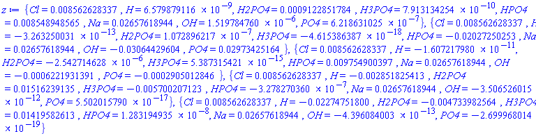 {Cl = 0.8562628337e-2, H = 0.6579879116e-8, H2PO4 = 0.9122851784e-3, H3PO4 = 0.7913134254e-9, HPO4 = 0.8548948565e-2, Na = 0.2657618944e-1, OH = 0.1519784760e-5, PO4 = 0.6218631025e-6}, {Cl = 0.8562628337e-2, H = -0.3263250031e-12, H2PO4 = 0.1072896217e-6, H3PO4 = -0.4615386387e-17, HPO4 = -0.2027250253e-1, Na = 0.2657618944e-1, OH = -0.3064429604e-1, PO4 = 0.2973425164e-1}, {Cl = 0.8562628337e-2, H = -0.1607217980e-10, H2PO4 = -0.2542714628e-5, H3PO4 = 0.5387315421e-14, HPO4 = 0.9754900397e-2, Na = 0.2657618944e-1, OH = -0.6221931391e-3, PO4 = -0.2905012846e-3}, {Cl = 0.8562628337e-2, H = -0.2851825413e-2, H2PO4 = 0.1516239135e-1, H3PO4 = -0.5700207123e-2, HPO4 = -0.3278270360e-6, Na = 0.2657618944e-1, OH = -0.3506526015e-11, PO4 = 0.5502015790e-16}, {Cl = 0.8562628337e-2, H = -0.2274751800e-1, H2PO4 = -0.4733982564e-2, H3PO4 = 0.1419582613e-1, HPO4 = 0.1283194935e-7, Na = 0.2657618944e-1, OH = -0.4396084003e-12, PO4 = -0.2699968014e-18}