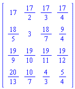 Matrix(4, 4, {(1, 1) = 17, (1, 2) = 17/2, (1, 3) = 17/3, (1, 4) = 17/4, (2, 1) = 18/5, (2, 2) = 3, (2, 3) = 18/7, (2, 4) = 9/4, (3, 1) = 19/9, (3, 2) = 19/10, (3, 3) = 19/11, (3, 4) = 19/12, (4, 1) = 20/13, (4, 2) = 10/7, (4, 3) = 4/3, (4, 4) = 5/4})