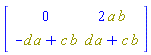 array( 1 .. 2, 1 .. 2, [( 1, 2 ) = (2*a*b), ( 2, 2 ) = (a*d+b*c), ( 2, 1 ) = (-a*d+b*c), ( 1, 1 ) = (0)  ] )