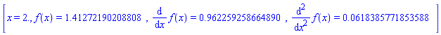 [x = 2., f(x) = HFloat(1.412721902088078), diff(f(x), x) = HFloat(0.9622592586648903), diff(diff(f(x), x), x) = HFloat(0.06183857718535878)]