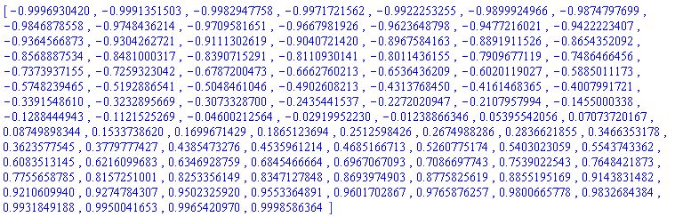 [-.9996930420, -.9991351503, -.9982947758, -.9971721562, -.9922253255, -.9899924966, -.9874797699, -.9846878558, -.9748436214, -.9709581651, -.9667981926, -.9623648798, -.9477216021, -.9422223407, -.9364566873, -.9304262721, -.9111302619, -.9040721420, -.8967584163, -.8891911526, -.8654352092, -.8568887534, -.8481000317, -.8390715291, -.8110930141, -.8011436155, -.7909677119, -.7486466456, -.7373937155, -.7259323042, -.6787200473, -.6662760213, -.6536436209, -.6020119027, -.5885011173, -.5748239465, -.5192886541, -.5048461046, -.4902608213, -.4313768450, -.4161468365, -.4007991721, -.3391548610, -.3232895669, -.3073328700, -.2435441537, -.2272020947, -.2107957994, -.1455000338, -.1288444943, -.1121525269, -0.4600212564e-1, -0.2919952230e-1, -0.1238866346e-1, 0.5395542056e-1, 0.7073720167e-1, 0.8749898344e-1, .1533738620, .1699671429, .1865123694, .2512598426, .2674988286, .2836621855, .3466353178, .3623577545, .3779777427, .4385473276, .4535961214, .4685166713, .5260775174, .5403023059, .5543743362, .6083513145, .6216099683, .6346928759, .6845466664, .6967067093, .7086697743, .7539022543, .7648421873, .7755658785, .8157251001, .8253356149, .8347127848, .8693974903, .8775825619, .8855195169, .9143831482, .9210609940, .9274784307, .9502325920, .9553364891, .9601702867, .9765876257, .9800665778, .9832684384, .9931849188, .9950041653, .9965420970, .9998586364]