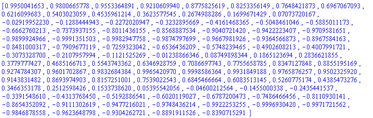 [.9950041653, .9800665778, .9553364891, .9210609940, .8775825619, .8253356149, .7648421873, .6967067093, .6216099683, .5403023059, .4535961214, .3623577545, .2674988286, .1699671429, 0.7073720167e-1, -0.2919952230e-1, -.1288444943, -.2272020947, -.3232895669, -.4161468365, -.5048461046, -.5885011173, -.6662760213, -.7373937155, -.8011436155, -.8568887534, -.9040721420, -.9422223407, -.9709581651, -.9899924966, -.9991351503, -.9982947758, -.9874797699, -.9667981926, -.9364566873, -.8967584163, -.8481000317, -.7909677119, -.7259323042, -.6536436209, -.5748239465, -.4902608213, -.4007991721, -.3073328700, -.2107957994, -.1121525269, -0.1238866346e-1, 0.8749898344e-1, .1865123694, .2836621855, .3779777427, .4685166713, .5543743362, .6346928759, .7086697743, .7755658785, .8347127848, .8855195169, .9274784307, .9601702867, .9832684384, .9965420970, .9998586364, .9931849188, .9765876257, .9502325920, .9143831482, .8693974903, .8157251001, .7539022543, .6845466664, .6083513145, .5260775174, .4385473276, .3466353178, .2512598426, .1533738620, 0.5395542056e-1, -0.4600212564e-1, -.1455000338, -.2435441537, -.3391548610, -.4313768450, -.5192886541, -.6020119027, -.6787200473, -.7486466456, -.8110930141, -.8654352092, -.9111302619, -.9477216021, -.9748436214, -.9922253255, -.9996930420, -.9971721562, -.9846878558, -.9623648798, -.9304262721, -.8891911526, -.8390715291]