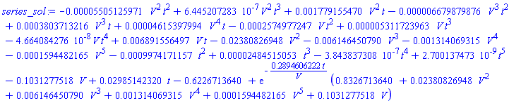 -0.5505125971e-4*V^2*t^2+0.6445207283e-6*V^2*t^3+0.1779155470e-2*V^2*t-0.6679879876e-5*V^3*t^2+0.3803713216e-3*V^3*t+0.4615397994e-4*V^4*t-0.2574977247e-3*V*t^2+0.5311723963e-5*V*t^3-0.4664084276e-7*V*t^4+0.6891556497e-2*V*t-0.2380826948e-1*V^2-0.6146450790e-2*V^3-0.1314069315e-2*V^4-0.1594482165e-3*V^5-0.9974171157e-3*t^2+0.2484515053e-4*t^3-0.3843837308e-6*t^4+0.2700137473e-8*t^5-.1031277518*V+0.2985142320e-1*t-.6226713640+exp(-.2894606222*t/V)*(.8326713640+0.2380826948e-1*V^2+0.6146450790e-2*V^3+0.1314069315e-2*V^4+0.1594482165e-3*V^5+.1031277518*V)