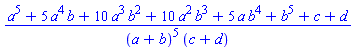 (a^5+5*a^4*b+10*a^3*b^2+10*a^2*b^3+5*a*b^4+b^5+c+d)/((a+b)^5*(c+d))