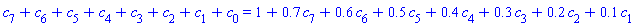 c[7]+c[6]+c[5]+c[4]+c[3]+c[2]+c[1]+c[0] = 1+.7*c[7]+.6*c[6]+.5*c[5]+.4*c[4]+.3*c[3]+.2*c[2]+.1*c[1]